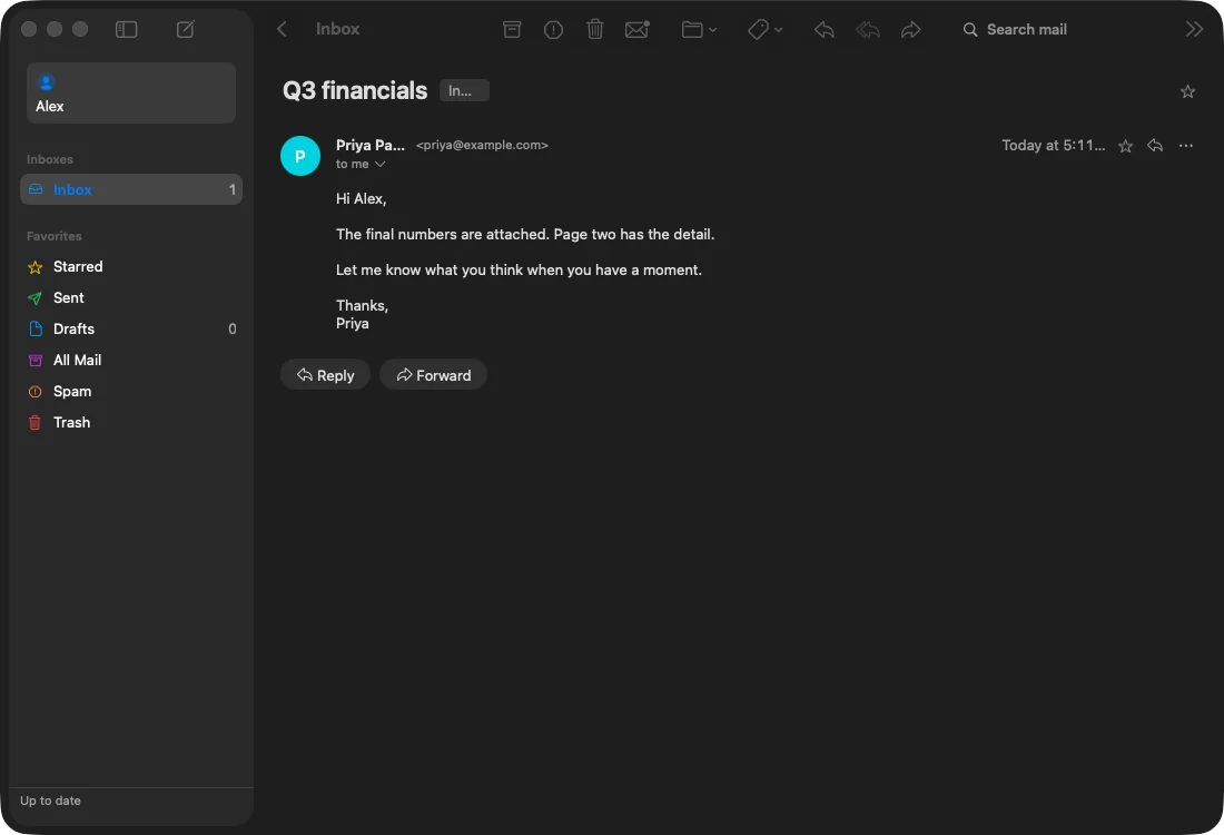 Briskmail conversation shown in the reading view
