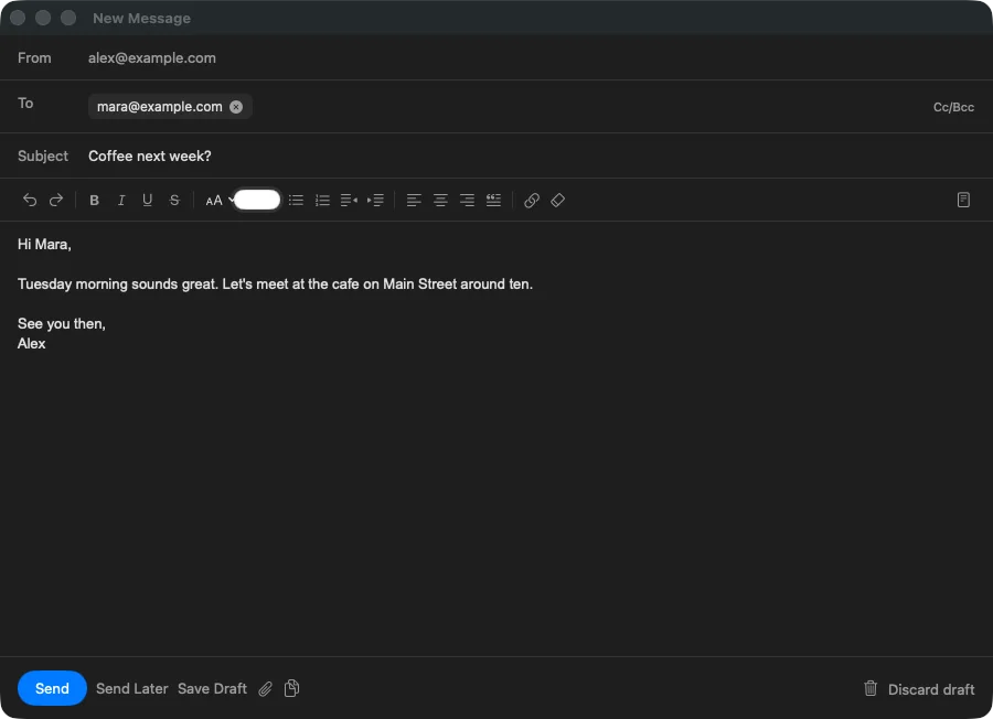 A saved draft in Briskmail's compose window